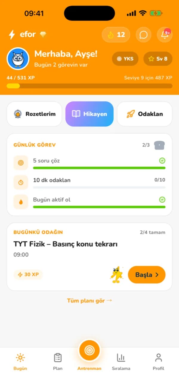 Efor uygulaması Bugün ekranı: günlük görevler, XP çubuğu ve seri sayacı